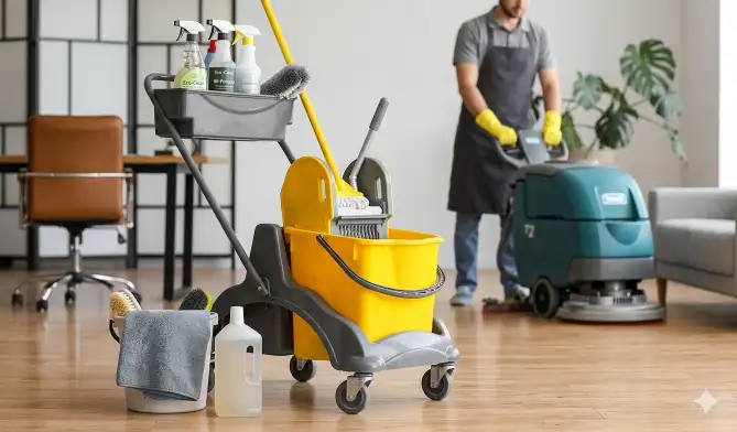 Commercial cleaning team at work