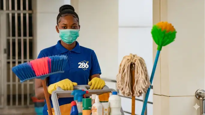 Commercial cleaning team at work